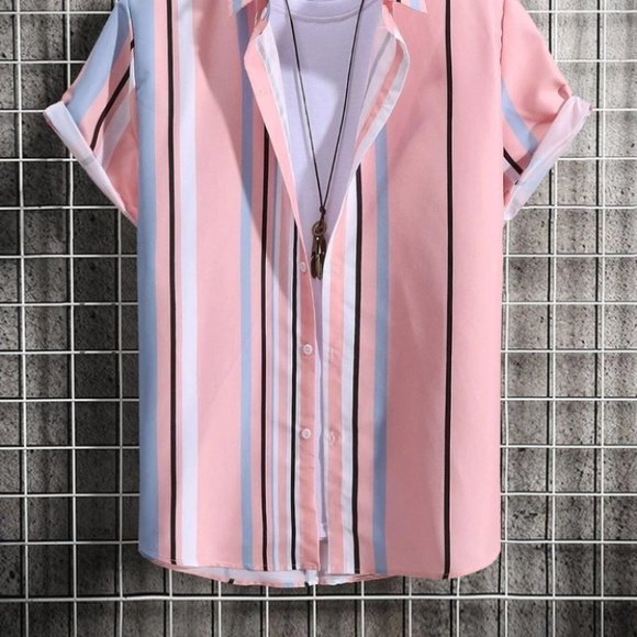 Pink Vacation Style Men's Random Block Striped Shirt - Picture 2 of 8